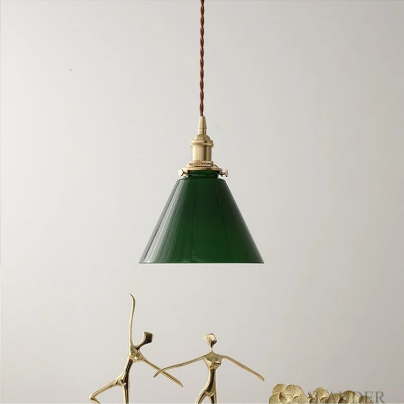 Afralia™ Copper Canopy LED Pendant Light Fixture Green Glass Hanging Lamp