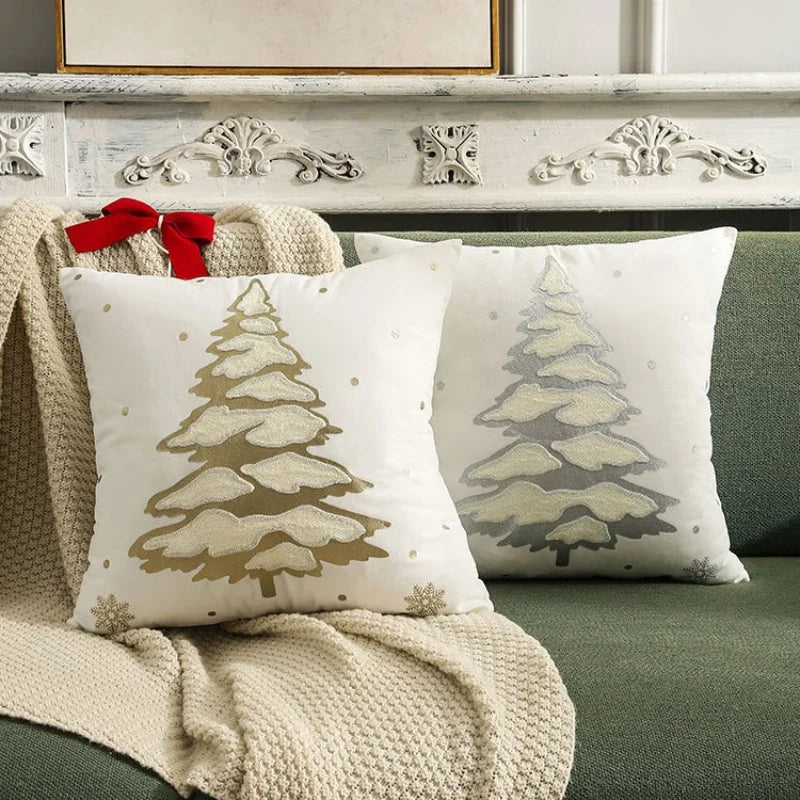 Afralia™ Christmas Tree Embroidered Cushion Cover - Festive Decor Pillow Cover