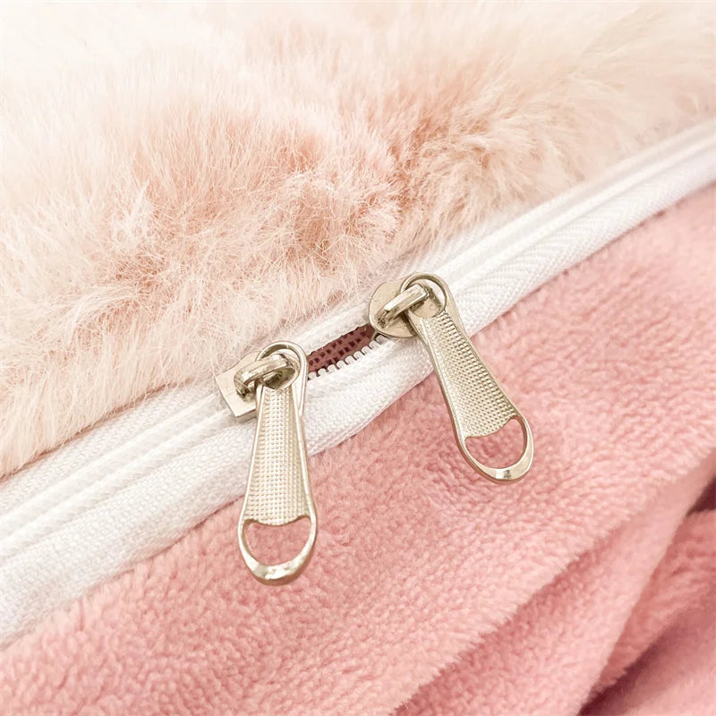 Afralia™ Velvet Fleece Princess Bedding Set in Pink Purple Grey Gradient, Luxury Duvet Cover & Faux Rabbit Fur