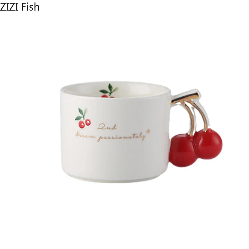 Afralia™ Cherry Pattern Porcelain Coffee Mug, Gilded Edge Teacup for Afternoon Tea & Juice