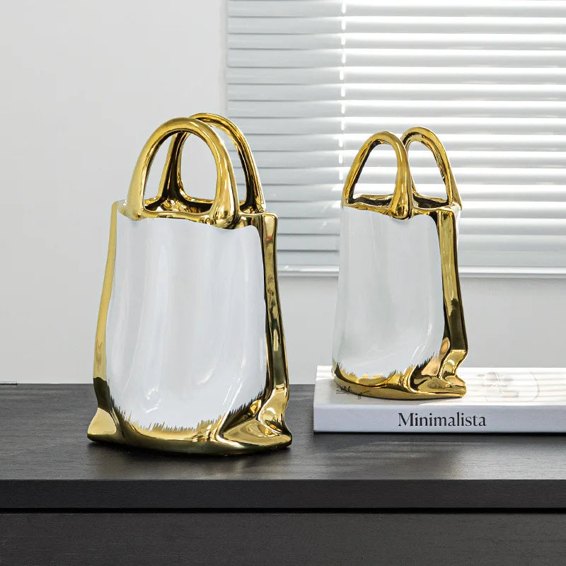 Afralia™ Gold Handbag Vase: Creative Ceramic Floral Arrangement Terrarium Home Decor