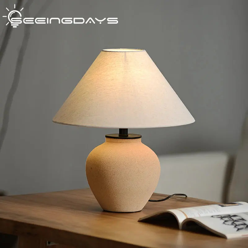 Afralia™ Zen Ceramic Pottery Lamp - New Chinese Style Retro Bedside Table Lamp