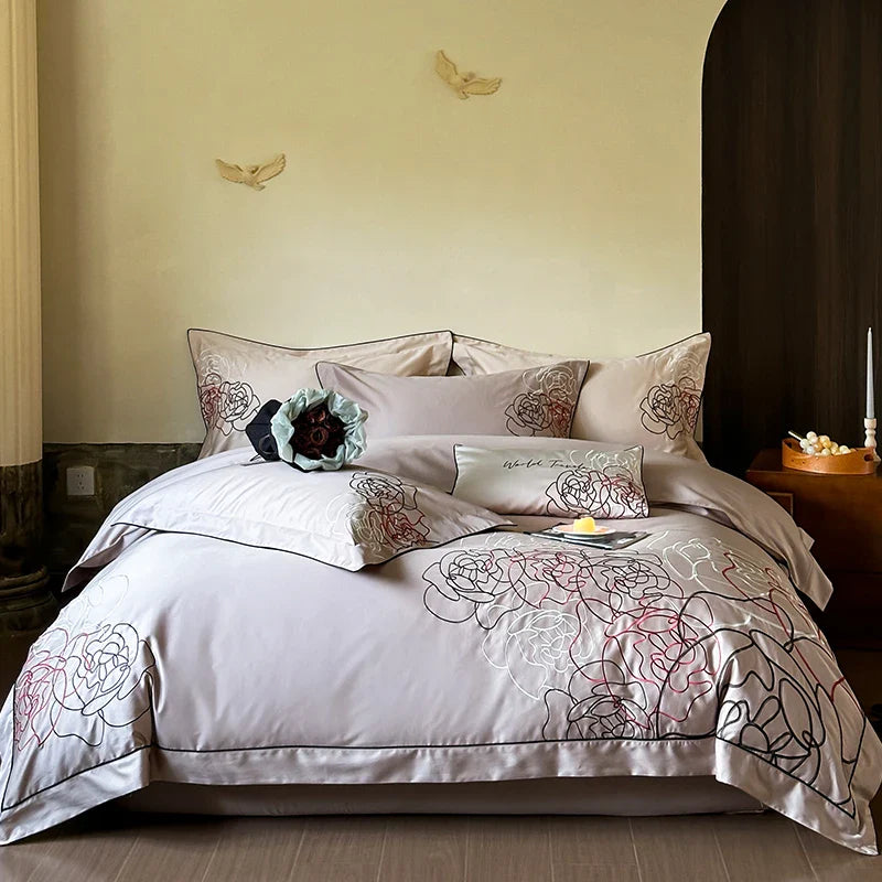 Afralia™ Rose Flowers Luxury Embroidery Bedding Set - 1000TC Egyptian Cotton 4Pcs