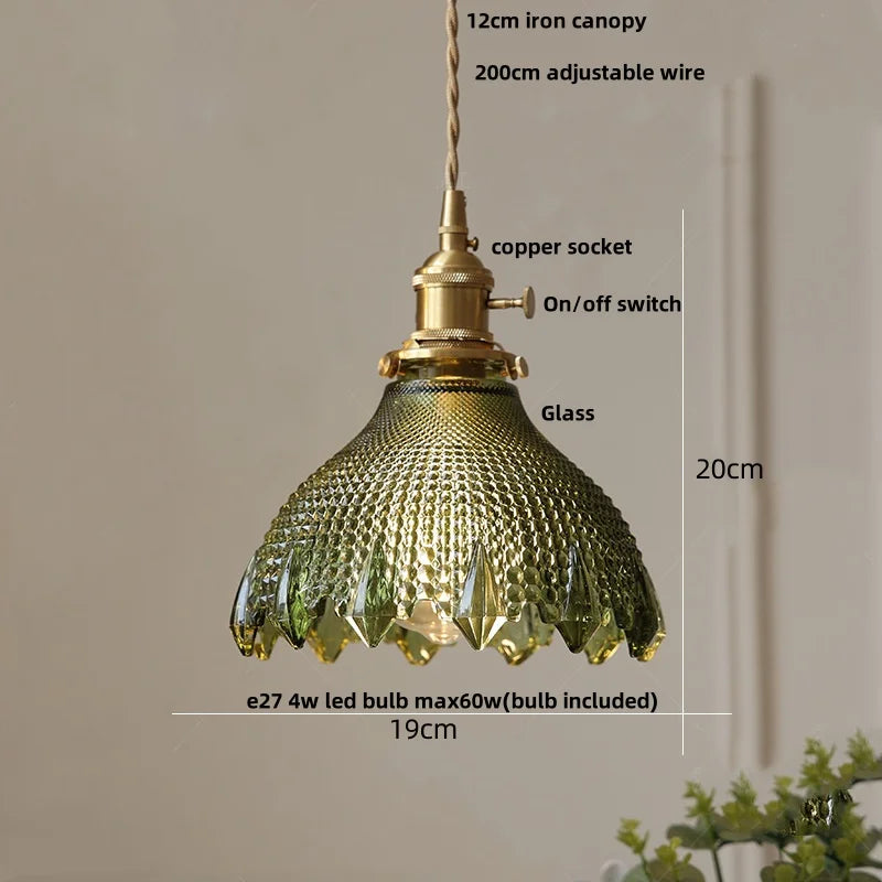 Afralia™ Green Glass LED Pendant Light | Nordic Modern Copper Knob Switch Hanging Fixture