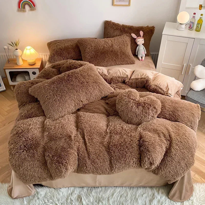 Afralia™ Fluffy Faux Fur Bedding Set: Duvet Cover, Sheet, Pillowcase - Soft & Warm