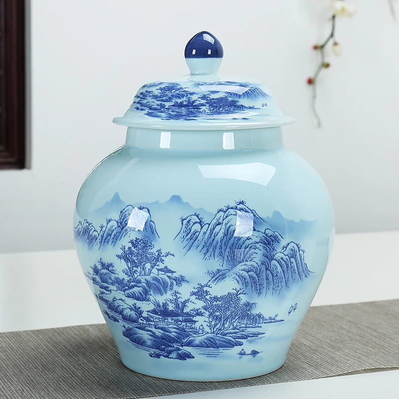 Afralia™ Hand Painted Blue and White Ceramic Tea Canister Jar