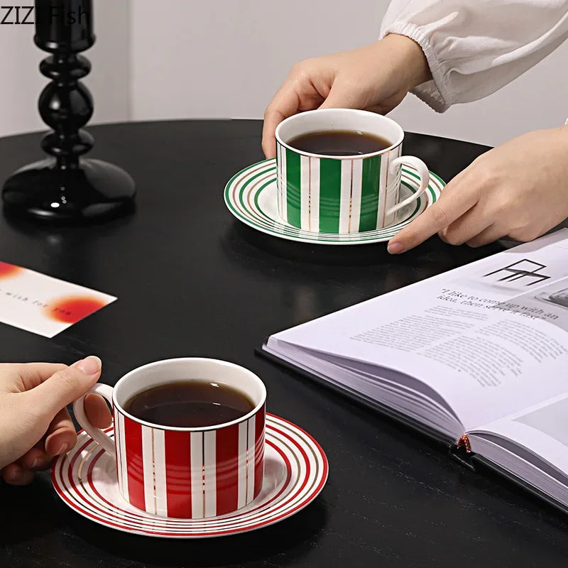 Afralia™ Striped Ceramic Cup & Saucer Set for Tea & Coffee - 250ml