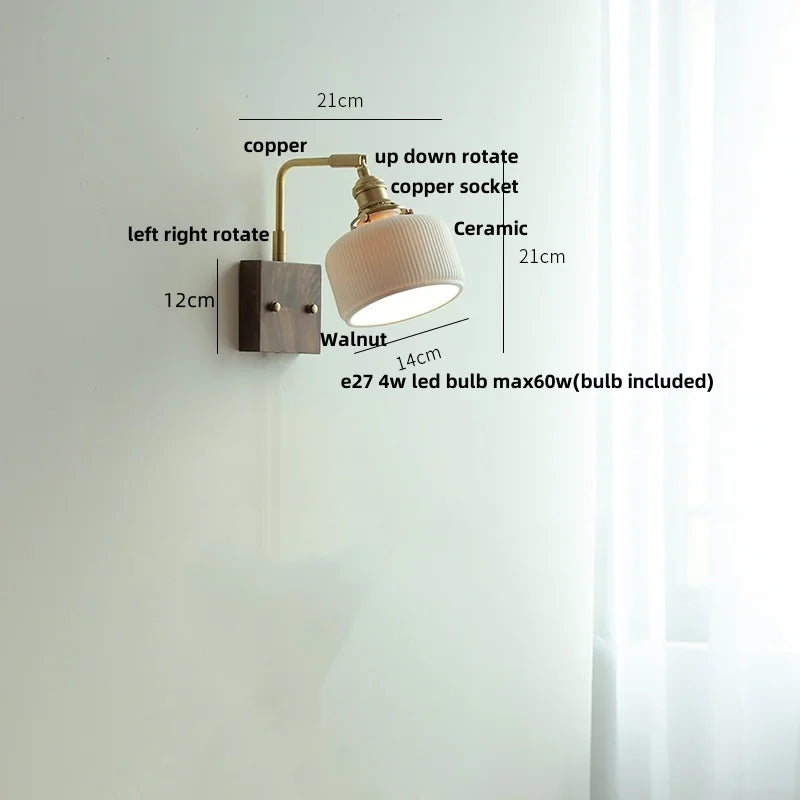 Afralia™ Globe Ceramic Walnut Wood Wall Light with Pull Chain Switch and Rotatable Design