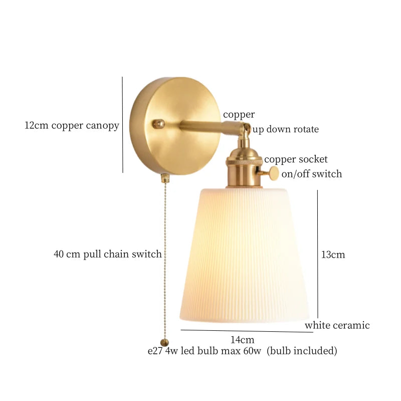 Afralia™ Ceramic LED Wall Sconce Light with Pull Chain Switch