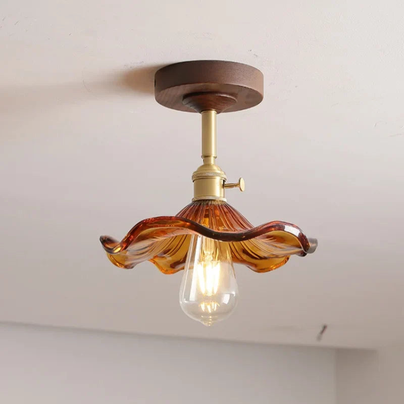 Afralia™ Green Glass LED Ceiling Lights: Modern Copper Wood Indoor Lamp