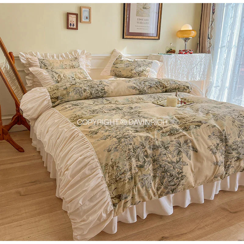 Afralia™ Vintage Oil Painting Inspired Ruffled Queen Duvet Cover Set - 4 Pieces