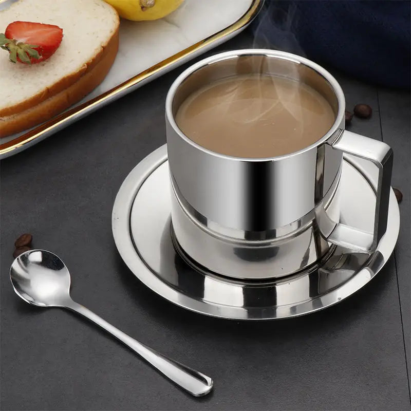 Afralia™ Stainless Steel Double Wall Insulated Coffee Cups Set with Tray and Spoon