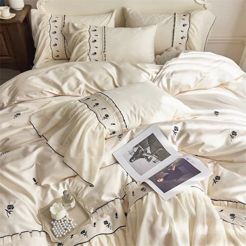 Afralia™ Rose Flowers Embroidery Lace Ruffles Princess Bedding Set with Egyptian Cotton
