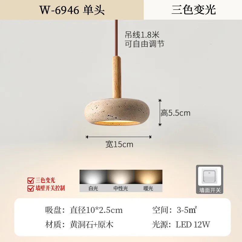 Afralia™ Natural Wood Stone Pendant Light for Home Bedside Restaurant