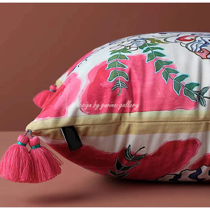 Afralia™ Tibet Tiger Velvet Pillow Cover with Tassels - Exotic Home Decor