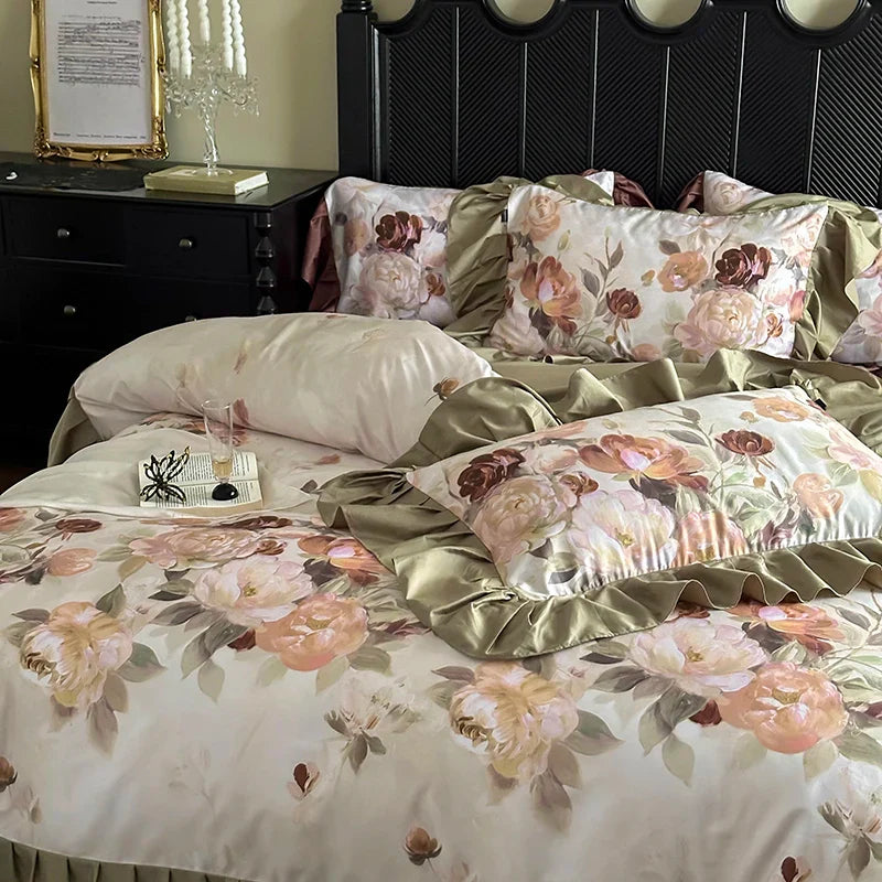 Afralia™ French Vintage Ruffles Bedding Set in Egyptian Cotton with Flowers Prints