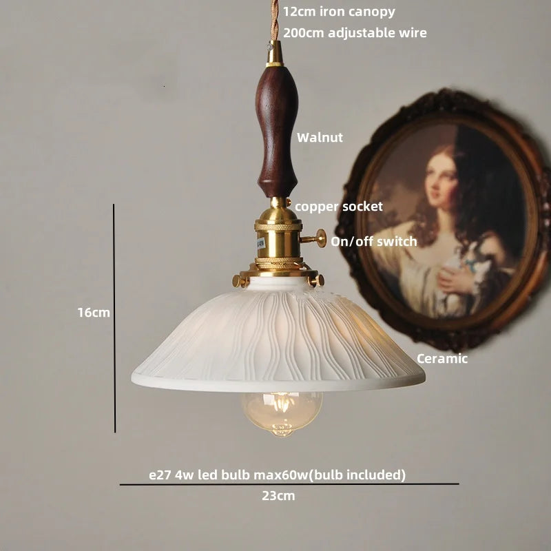 Afralia™ Nordic Walnut Wood LED Pendant Light with White Ceramic Shade & Copper Knob Switch