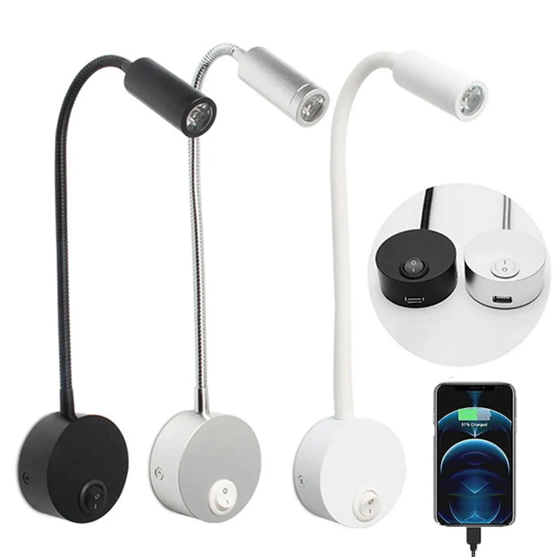 Afralia™ USB Wall Lamp LED Reading Light 3W 3000K 4000K 6000K Black Silver White