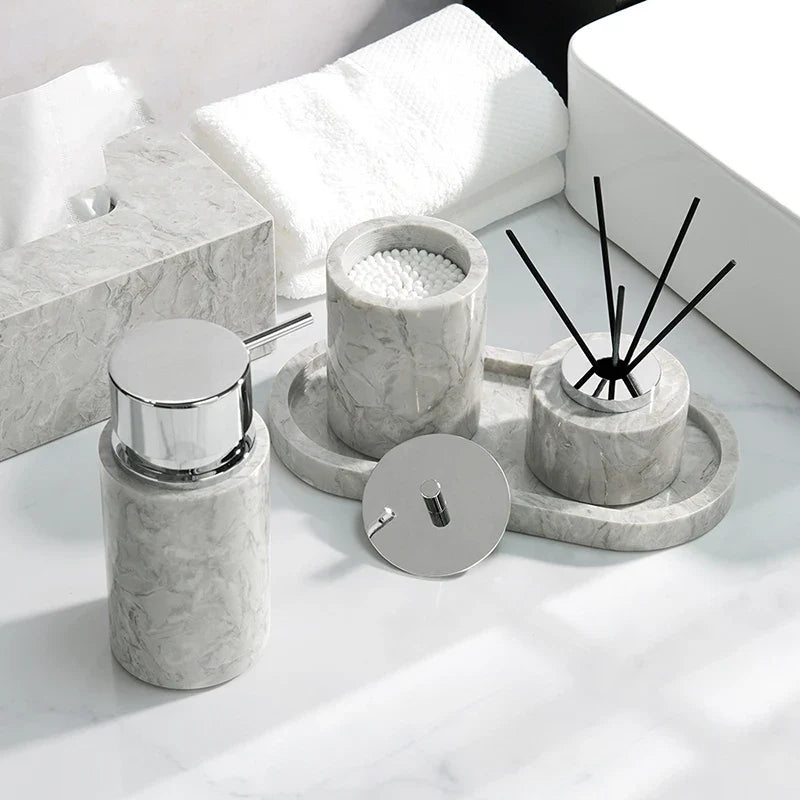 Afralia™ Marble Bathroom Accessories Set - Soap Dispenser, Toothbrush Holder, Cup, Toilet Brush
