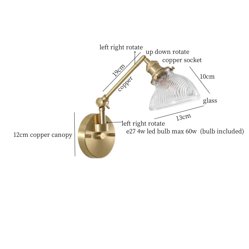 Afralia™ Vintage Brass Glass LED Wall Light with Pull Chain, Left Right Rotate Mirror Design