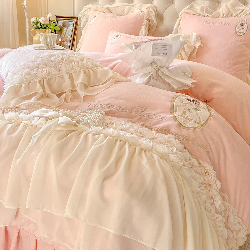 Afralia™ Pink French Rose Velvet Bedding Set with Lace Ruffles & Flowers Embroidery