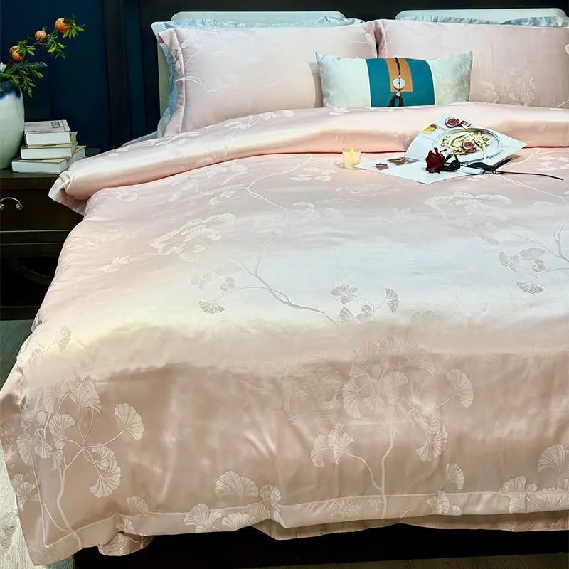 Afralia™ Blue Satin Jacquard Queen Duvet Cover Set with Sheet & Pillowcases