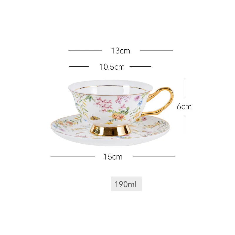 Afralia™ Gold Flowers Pattern Ceramic Cup & Saucer Set for Elegant Dining Experience