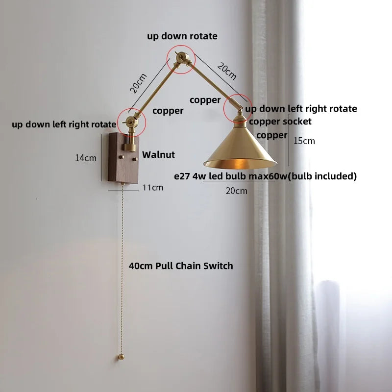 Afralia™ Walnut Copper Swing Arm LED Wall Light Fixture for Nodic Home Decor