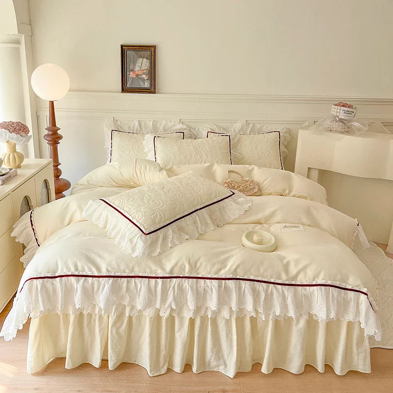 Afralia™ Lace Ruffles Bedding Set: 4pcs Solid Color Princess Quilt Cover, Bed Skirt, 100% Cotton Pillowcase