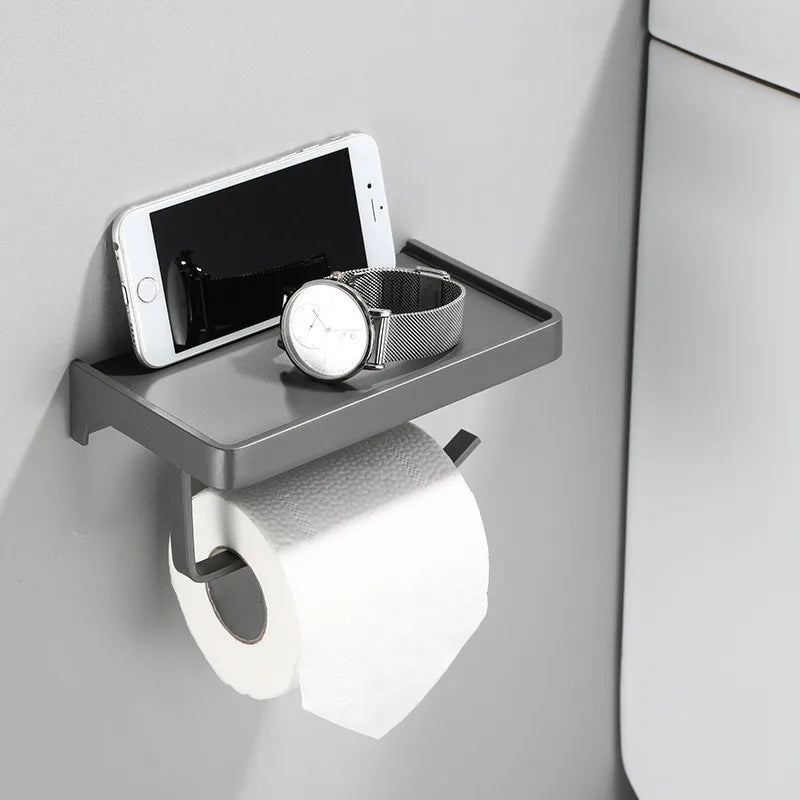 Afralia™ Aluminum Gray Bathroom Paper Roll Holder with Phone Shelf, Tissue Box Rack