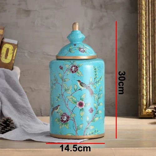 Afralia™ European Flower Bird Ceramic Storage Jar Vase Decoration Tea Coffee Beans Candy Home Decor
