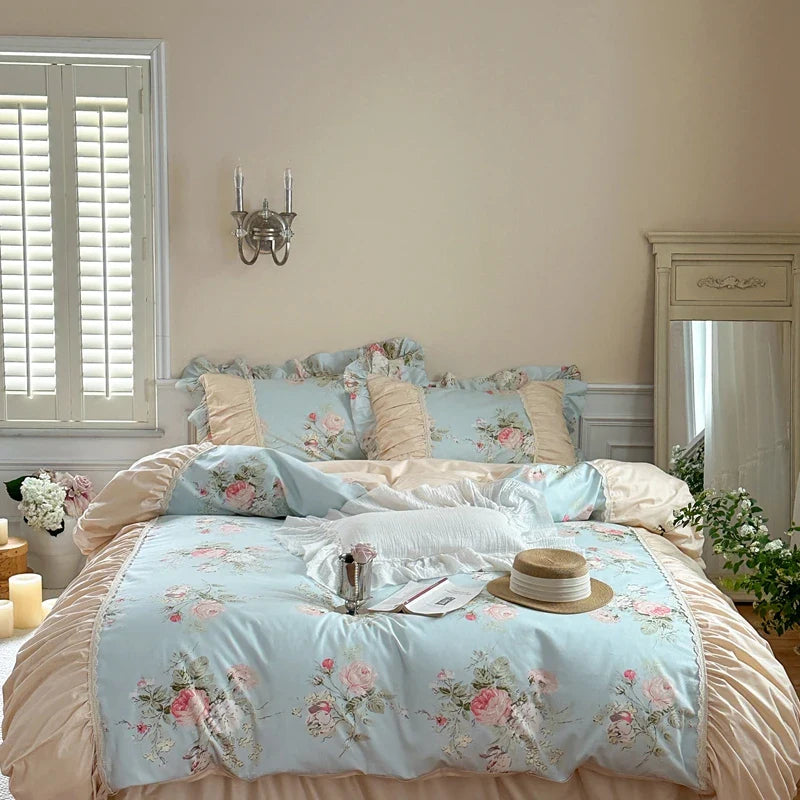 Afralia™ Korean Princess Style Floral Cotton Bedding Set with Ruffles