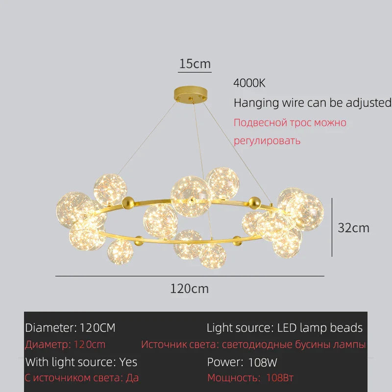 Afralia™ LED Glass Bulb Pendant Light: Modern Round Design, Gold/Black, Gypsophila String