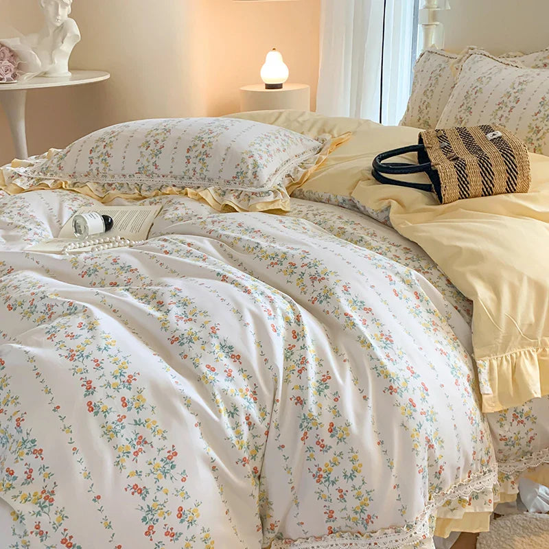 Afralia™ Lace Ruffles Cotton Floral Duvet Set with Pillowcase, Princess Bedding