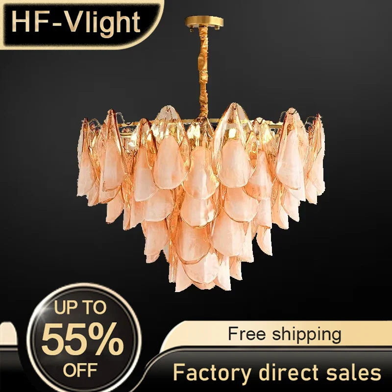Afralia™ Modern Pink Petal Glass Chandelier - Adjustable LED Ceiling Light Fixtures