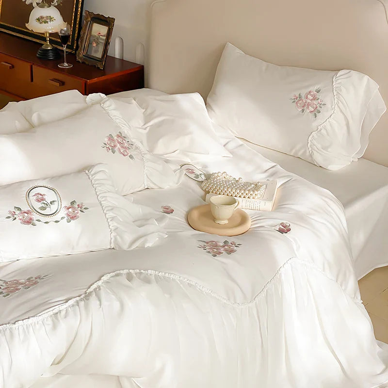 Afralia™ Lace Ruffles Flowers Embroidery 4Pc Egyptian Cotton Bedding Set