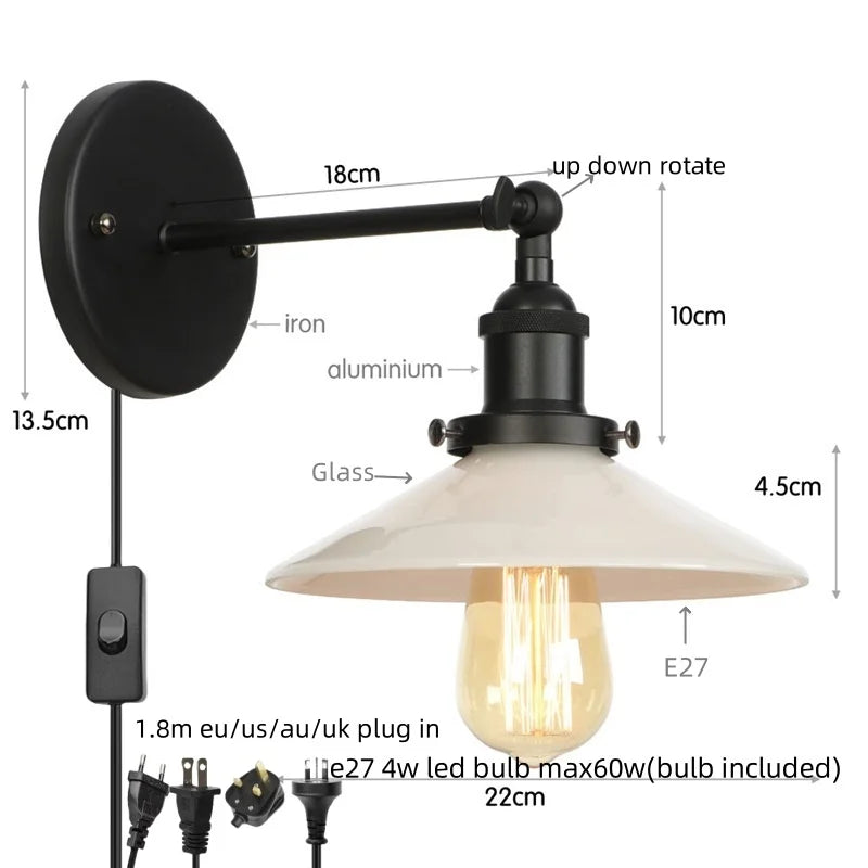 Afralia™ White Glass LED Wall Light Sconce Vintage Bedroom Lamp Industrial Wall Lights