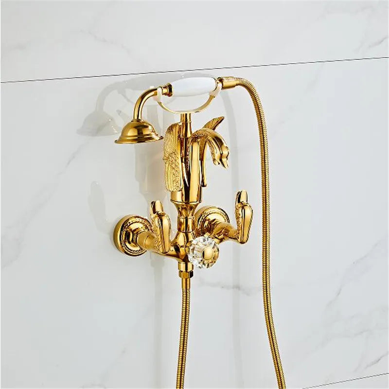 Afralia™ Gold Swan Bathtub & Shower Faucet Set - Wall Mounted Bathroom Mixer Tap