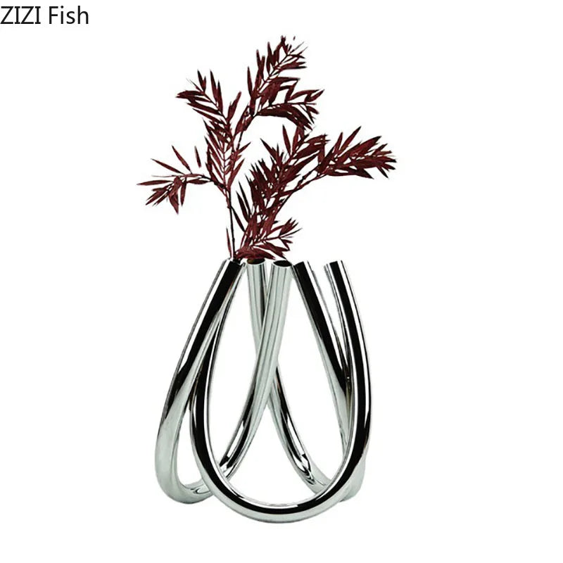 Afralia™ Metal Six-hole Vase Modern Decor Golden Silver Floral Vases Desk Decoration