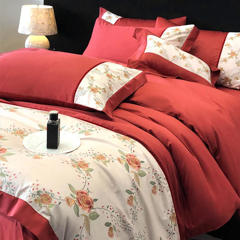 Afralia™ Luxury Rose Flowers Embroidery Bedding Set in Red
