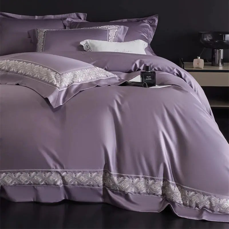 Afralia™ 1200TC Egyptian Cotton Lace Embroidery Bedding Set: 1 Duvet, 1 Sheet, 2 Pillowcases