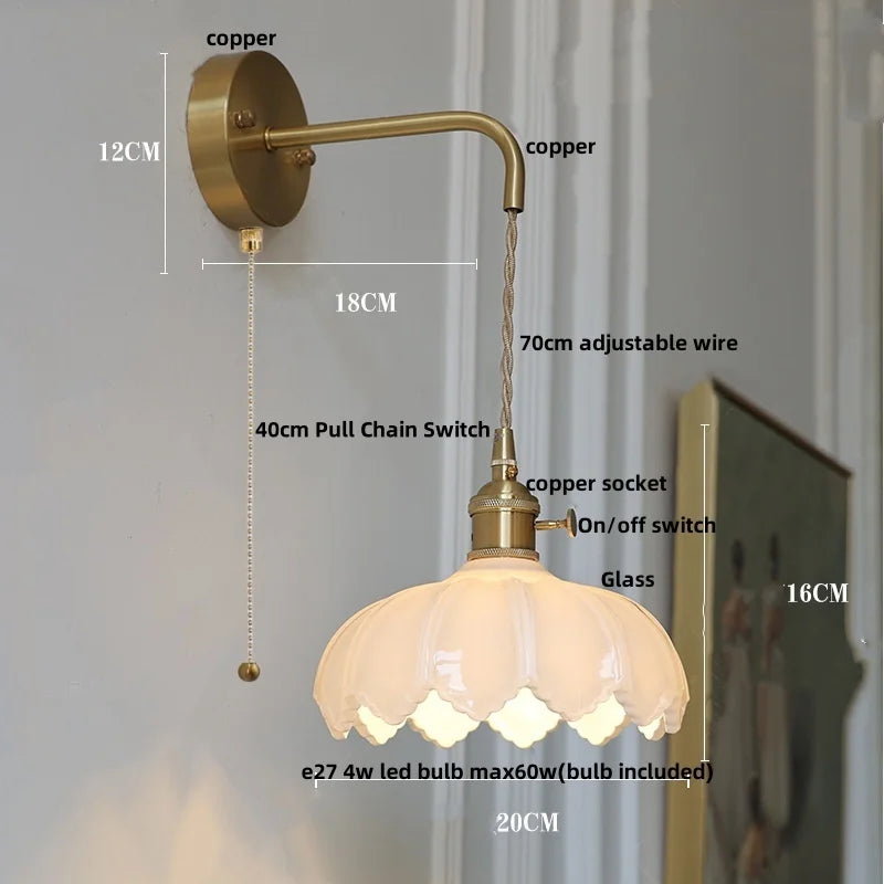 Afralia™ Flower Glass LED Wall Sconce Pull Chain Switch Modern Bathroom Mirror Light