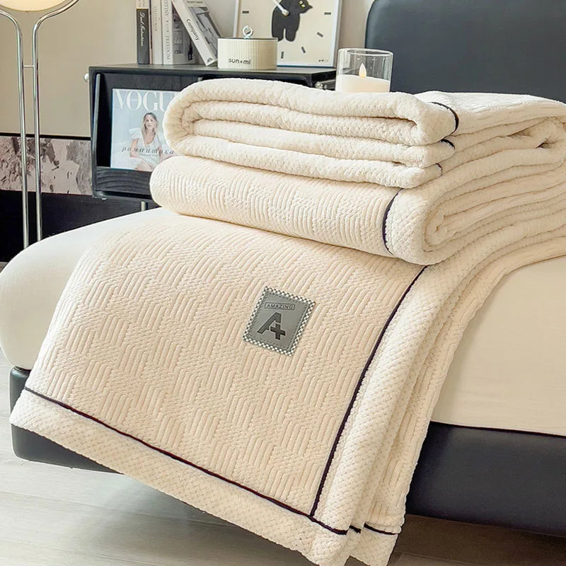 Afralia™ Cozy Jacquard Plush Blanket - Soft Coral Fleece - All-Season - European Solid Stripes