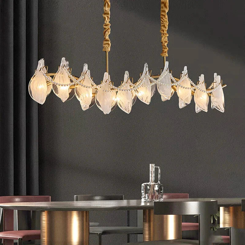 Afralia™ Modern Gold Pearl Glass Blade Chandelier, Living Room Decorative Ceiling Light Fixture