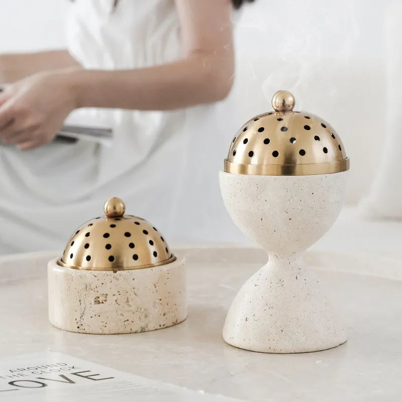 Afralia™ Travertine Marble Incense Burner with Brass Cover