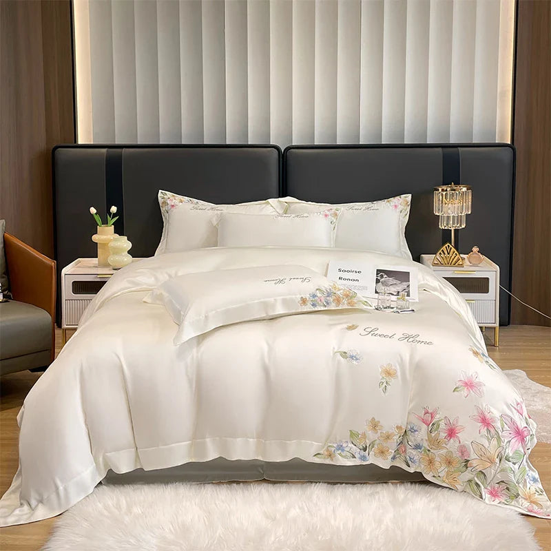Afralia™ Flowers Embroidery Silky Duvet Set with Comforter Cover & Fitted Sheet