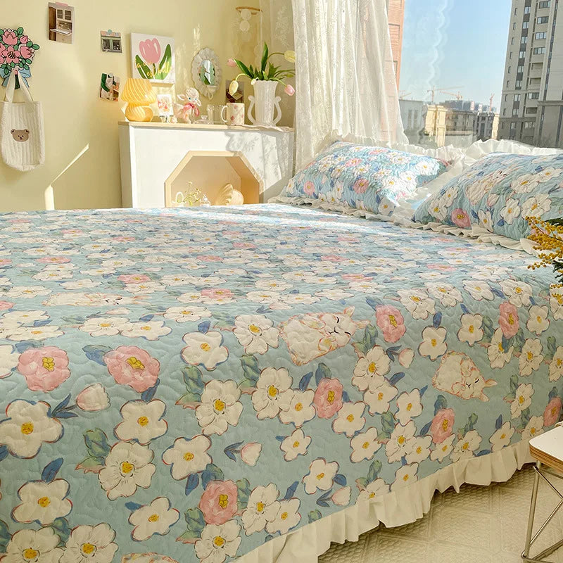 Afralia™ Quilted Ruffles Queen Bedding Set with Pillowcases, 3-Piece Korea Style