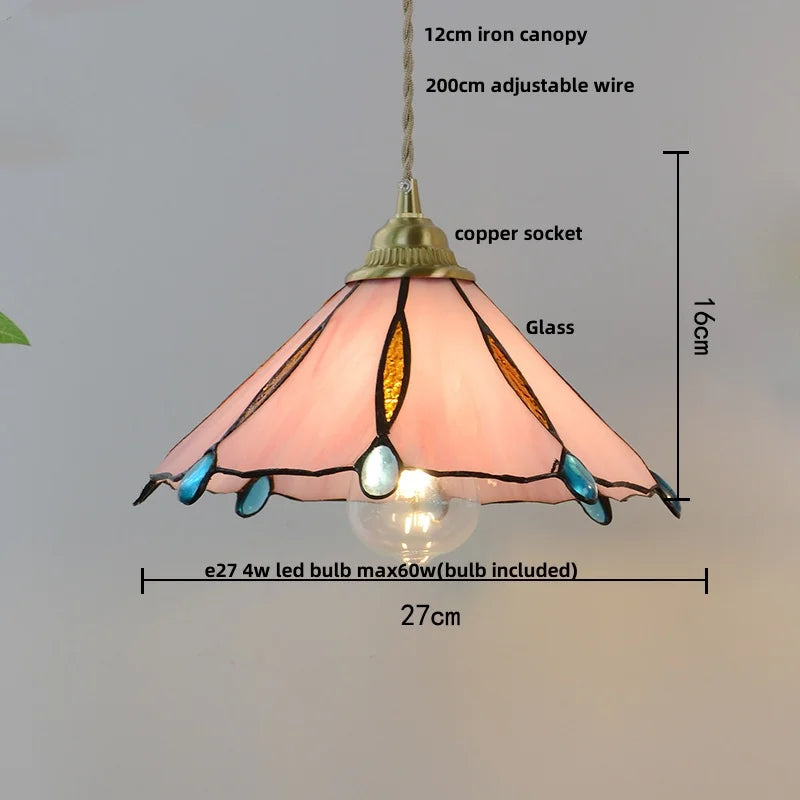 Afralia™ Walnut Wood LED Pendant Tiffany Glass Hanging Lamp - Vintage Dining Room Light
