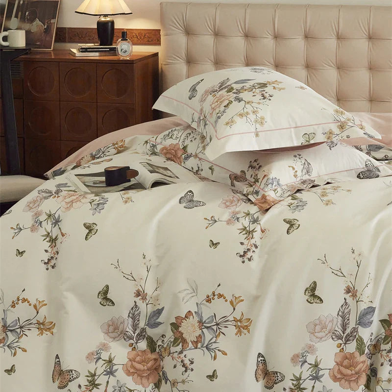 Afralia™ Butterfly Blooming Flowers Print 100% Egyptian Cotton Bedding Set