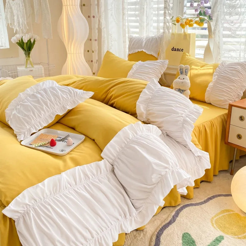 Afralia™ Lace Trim Bedding Set Queen/King Size Comforter Sets Solid Color Bed Skirt